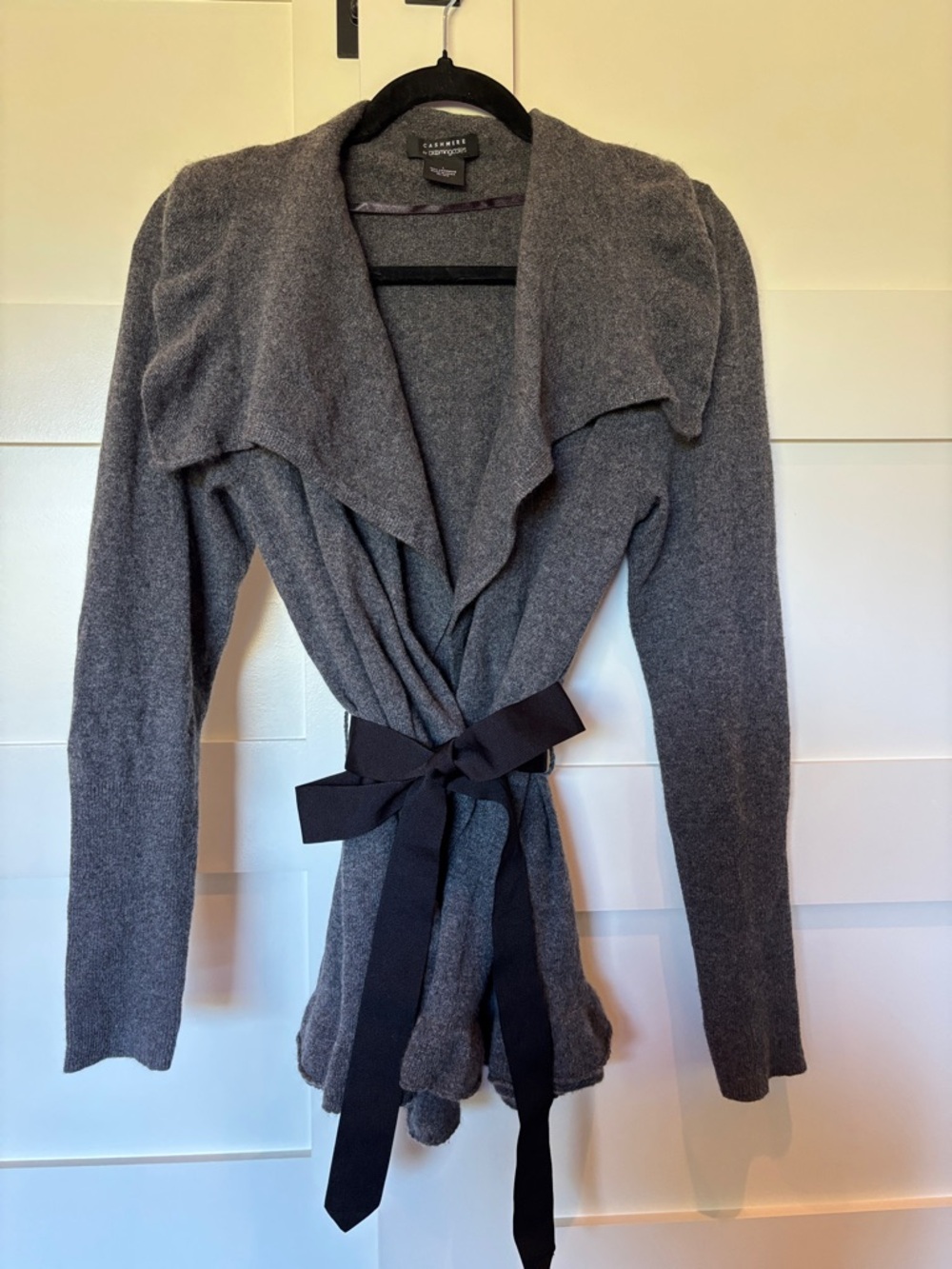Bloomingdale's Cashmere Gray Wrap Cardigan with Black Tie Belt